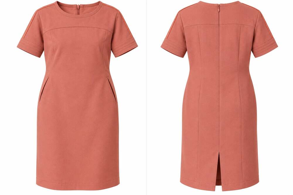 SOLEZIA Mauve Sheath Dress Women's Korean Designer Short Sleeve Pockets US XS/S